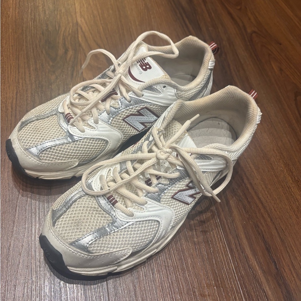New Balance Beige and Maroon Sneakers